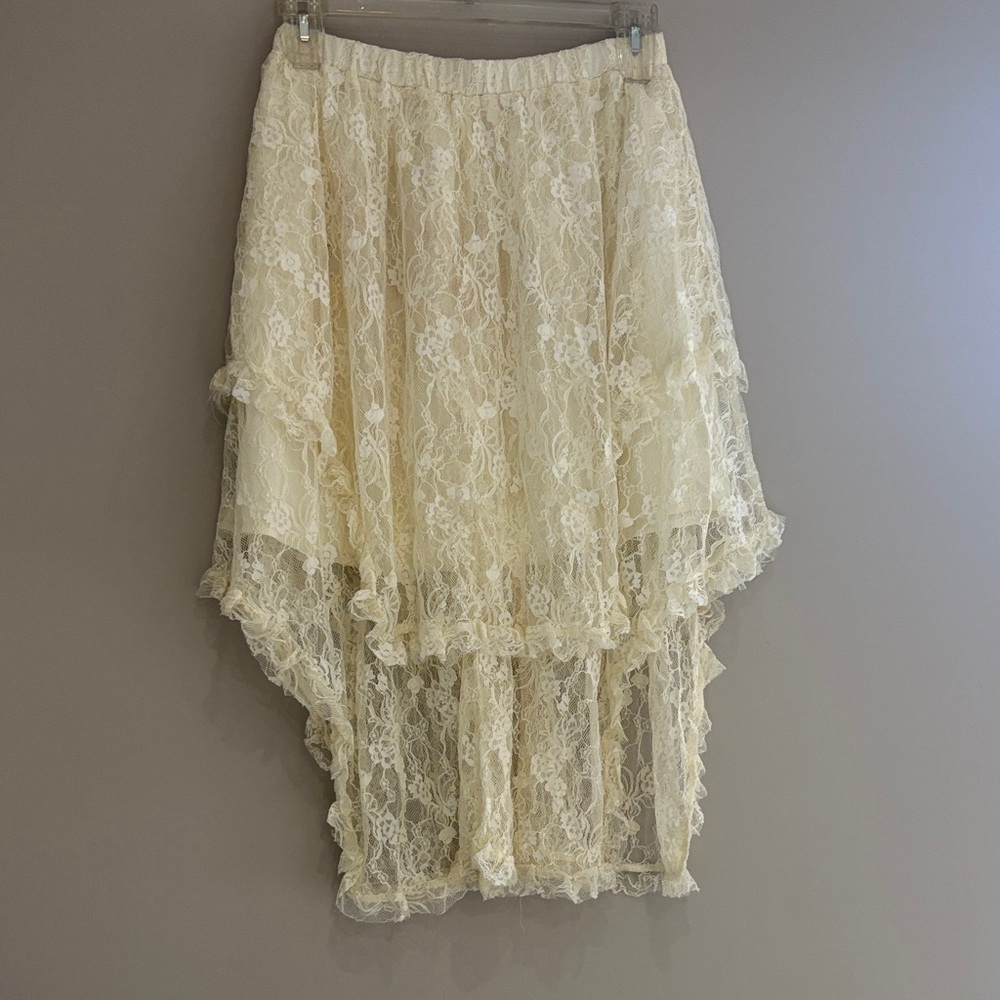 Elegant Cream Lace Long Floral Ruffle Layered Sheer Flowy Lace Midi Skirt